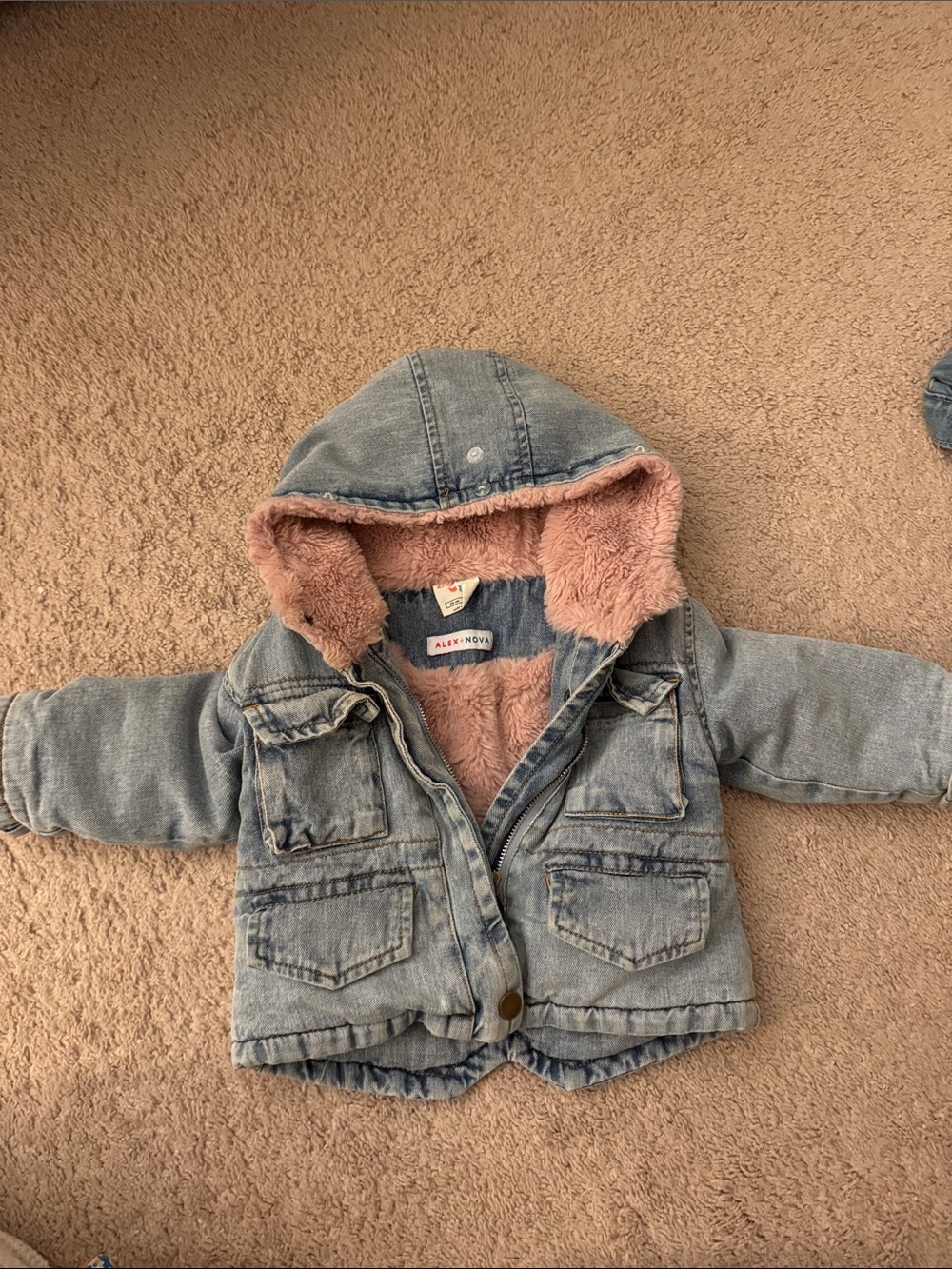 Toddler Light Wash Denim Jacket with Pink Faux Fur Hood